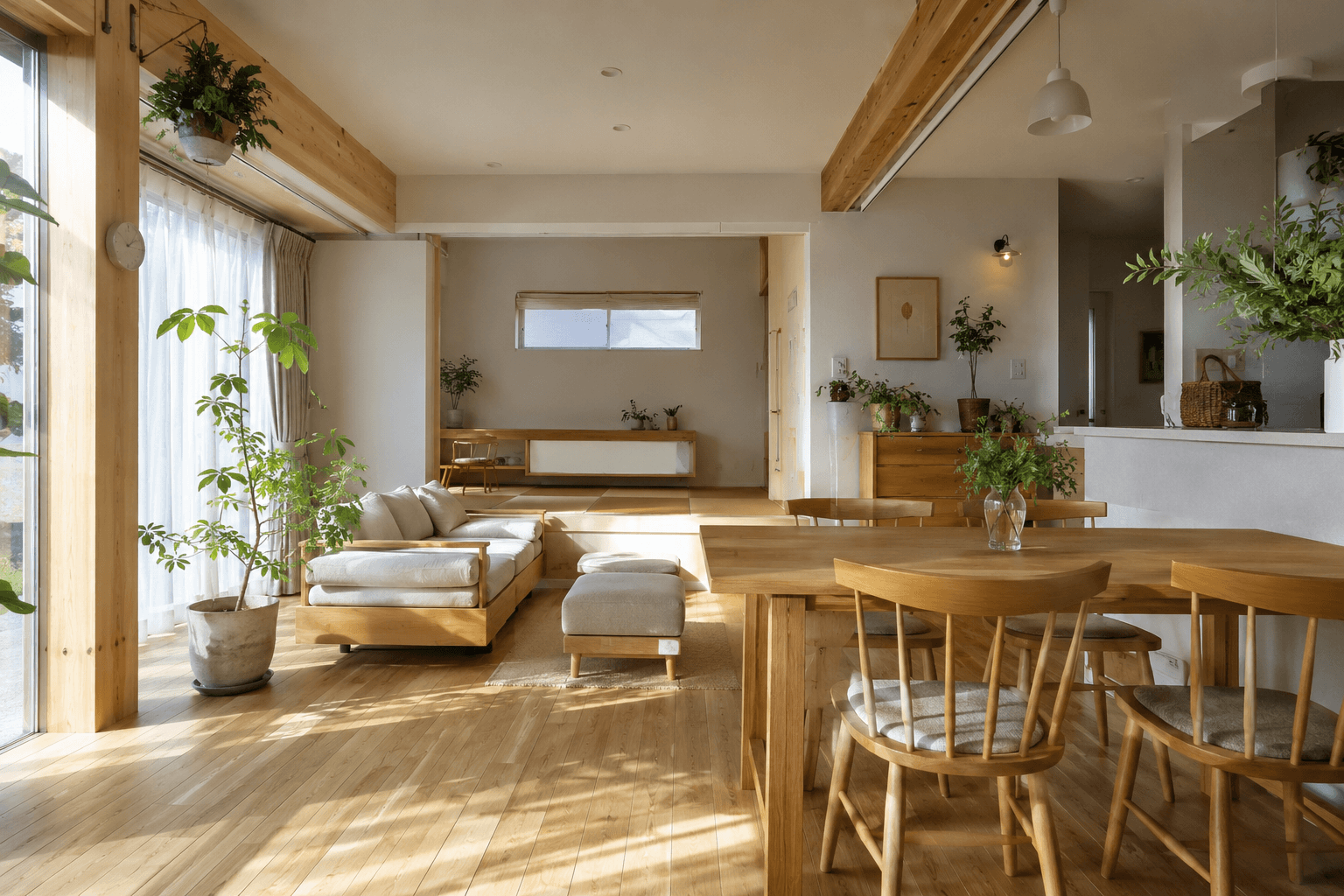 自然光が差し込む木造住宅のリビング