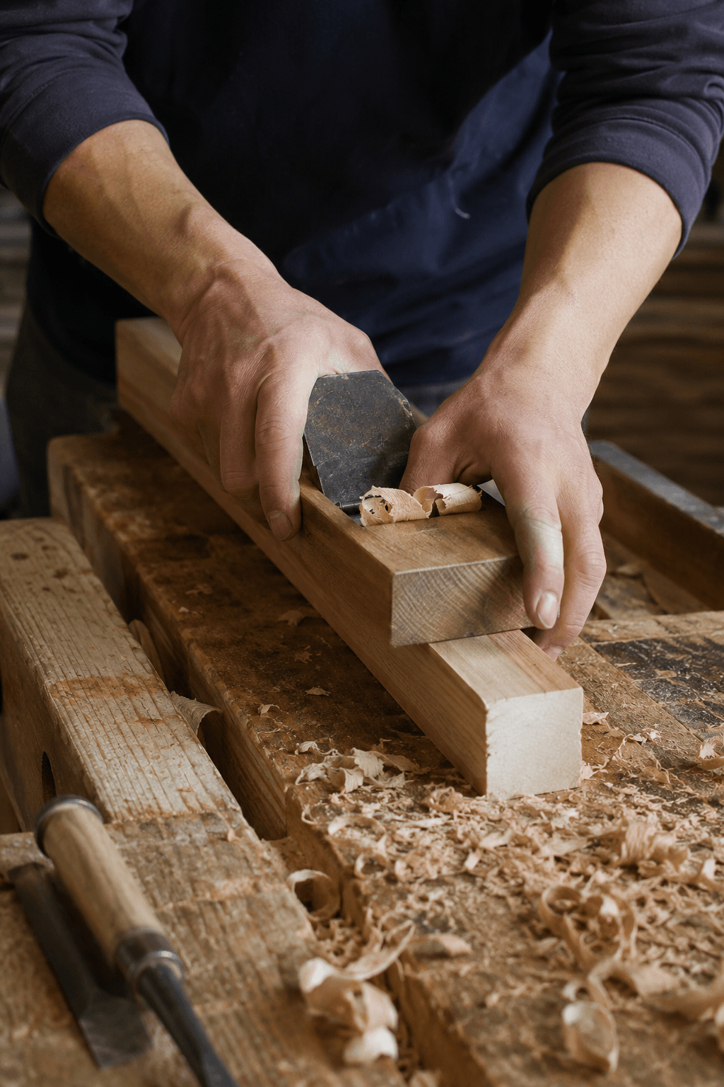 無垢材を加工する職人の手元