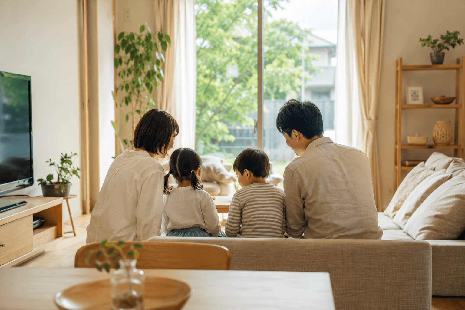 明るいリビングでくつろぐ家族の後ろ姿