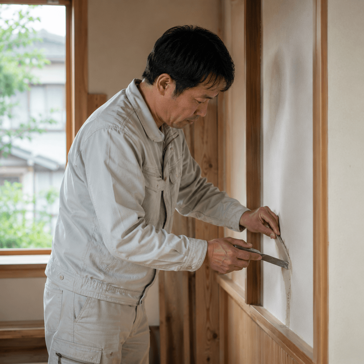 内装職人 鈴木が室内で仕上げ作業をしている様子